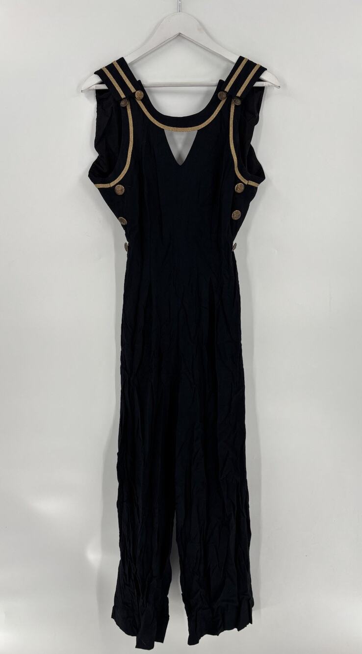 Vintage Cache Sailor Jumpsuit Womens 4 Black Gold Sleeveless Buttons Pockets